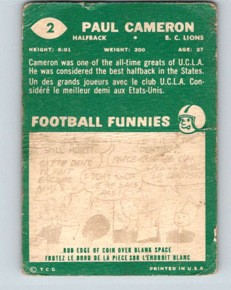 1960 Topps CFL Football #2 Paul Cameron, B.C. Lions V32683