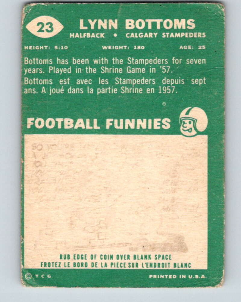 1960 Topps CFL Football #23 Lynn Bottoms, Stampeders  V32686