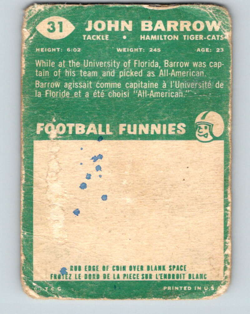 1960 Topps CFL Football #31 John Barrow, Tiger-cats V32687