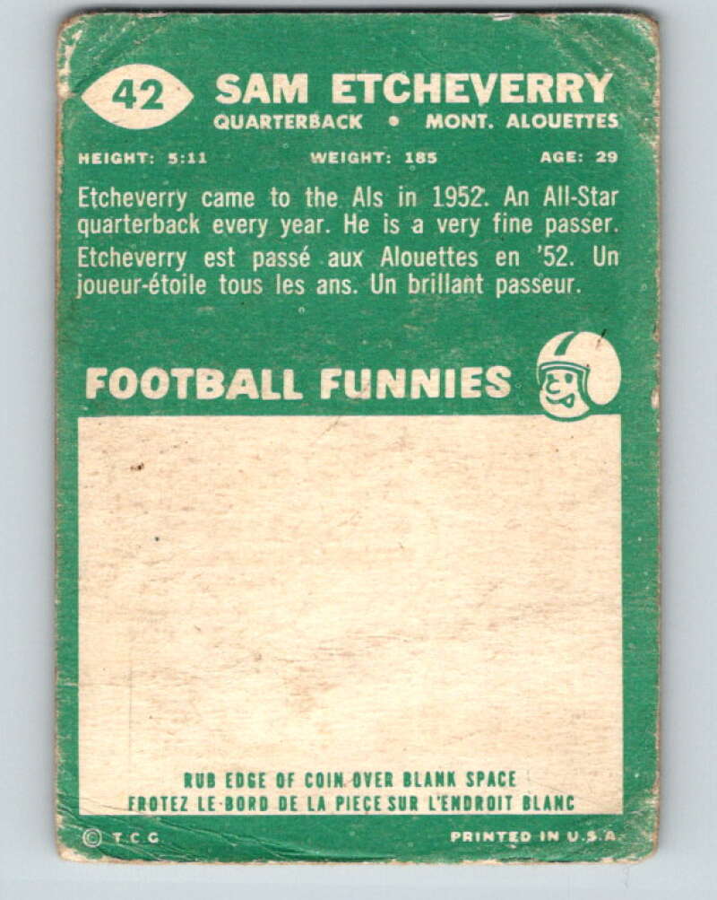 1960 Topps CFL Football #42 Sam Etcheverry, Alouettes V32691
