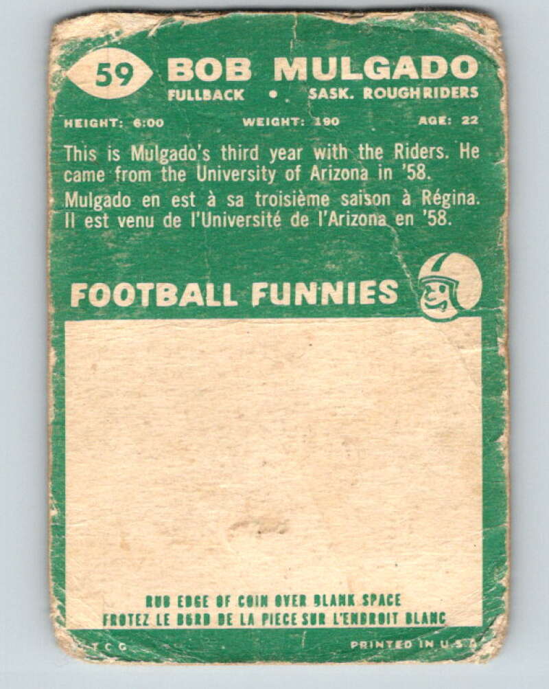 1960 Topps CFL Football #59 Bob Mulgado, Roughriders V32692