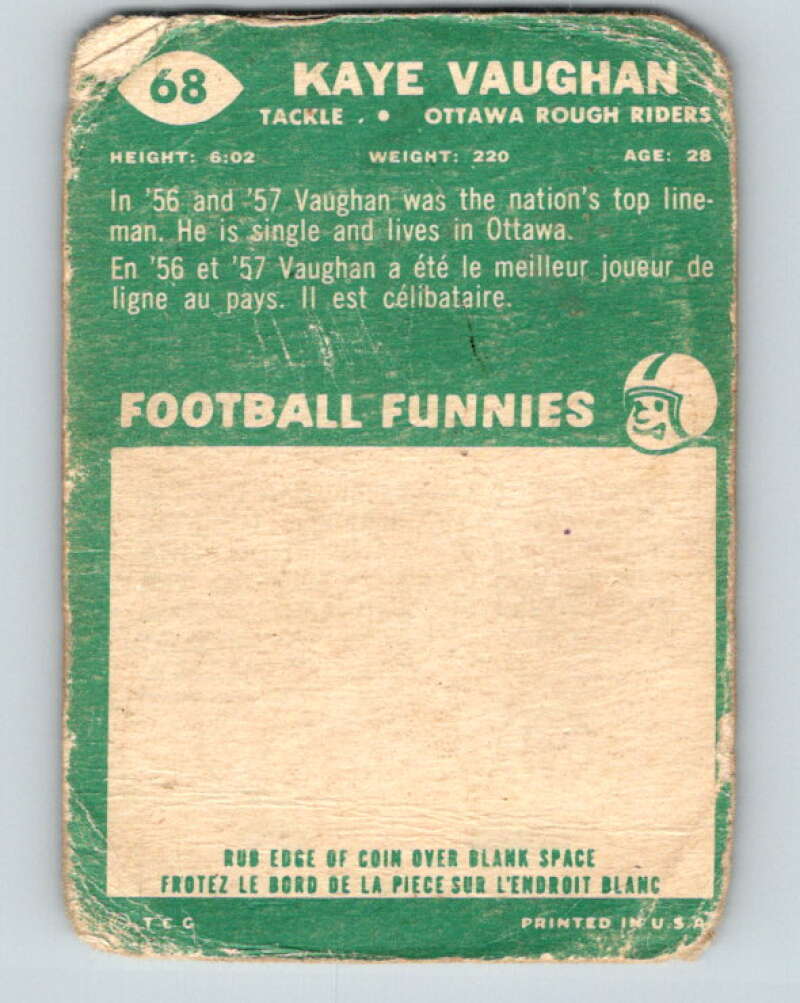 1960 Topps CFL Football #68 Kaye Vaughan, Roughriders  V32695
