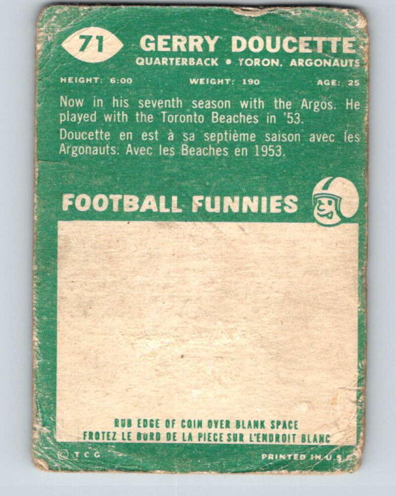 1960 Topps CFL Football #71 Gerry Doucette, Argonauts V32696