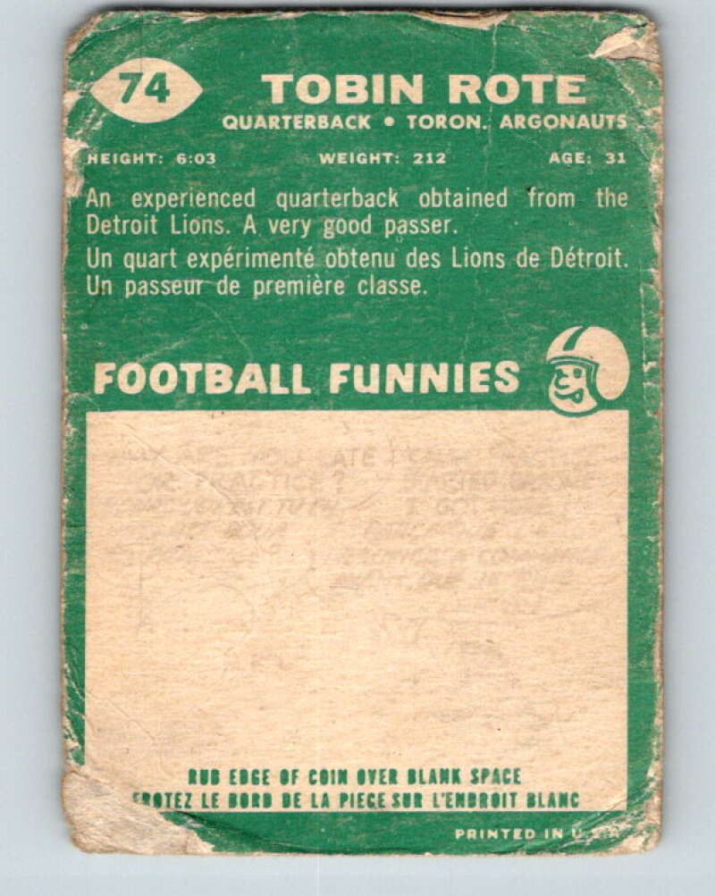 1960 Topps CFL Football #74 Tobin Rote, Argonauts V32697