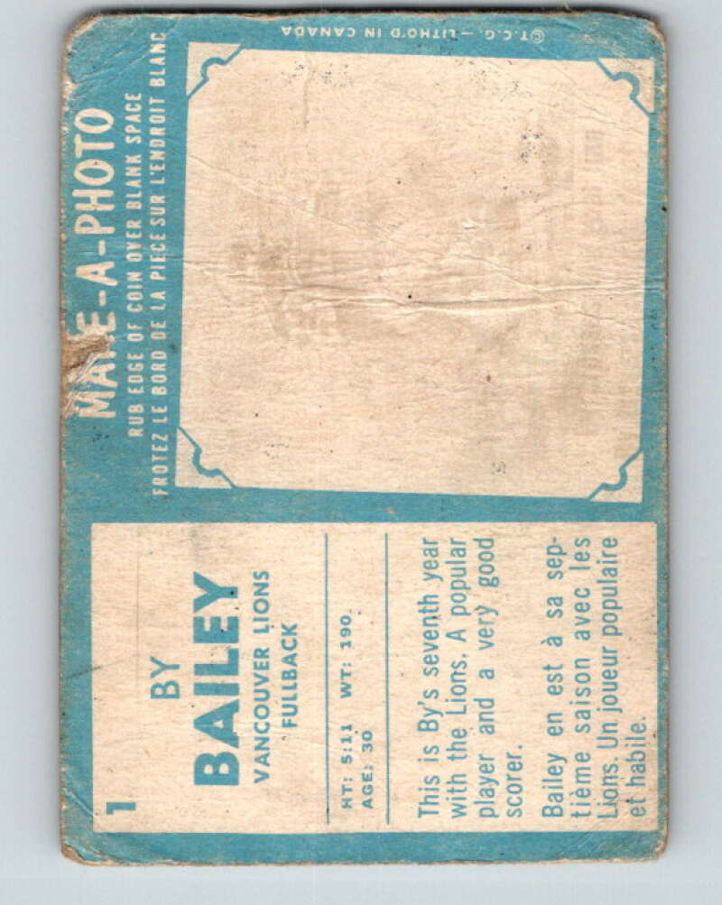 1961 Topps CFL Football #1 By Bailey, Vancouver Lions V32698