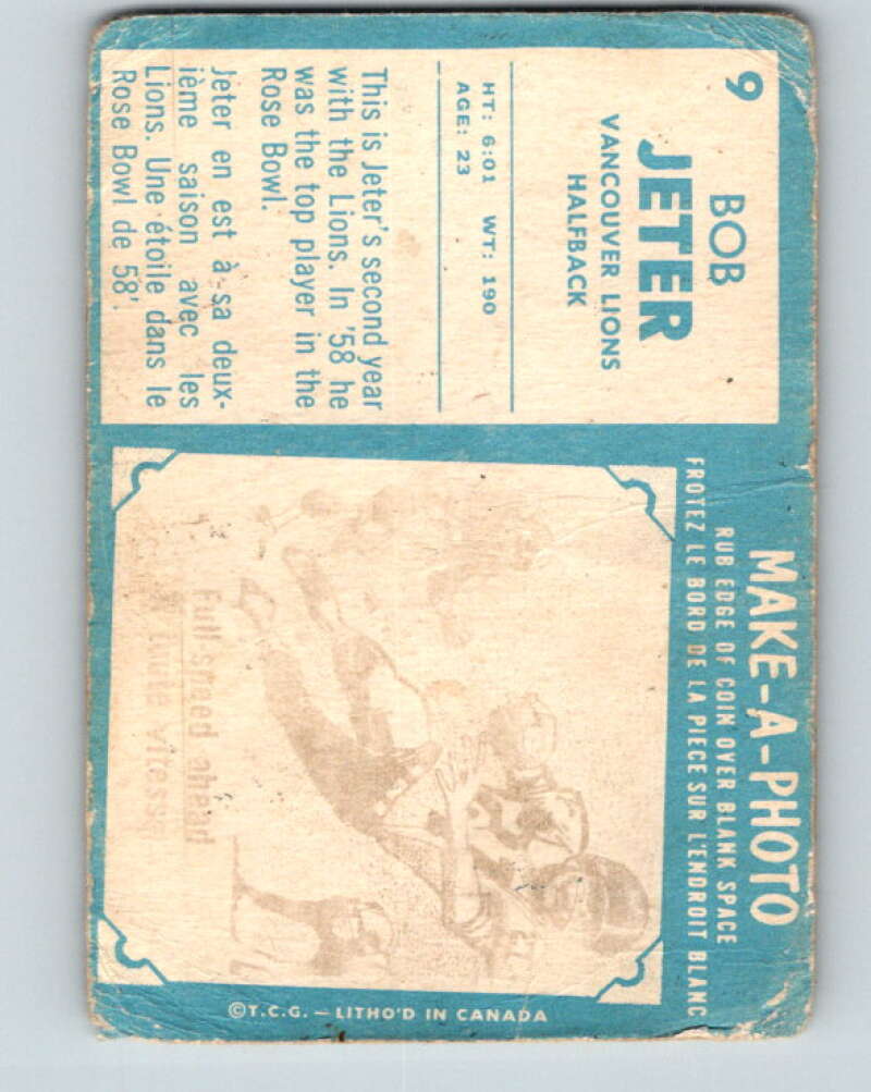 1961 Topps CFL Football #9 Bob Jeter, Vancouver Lions V32699