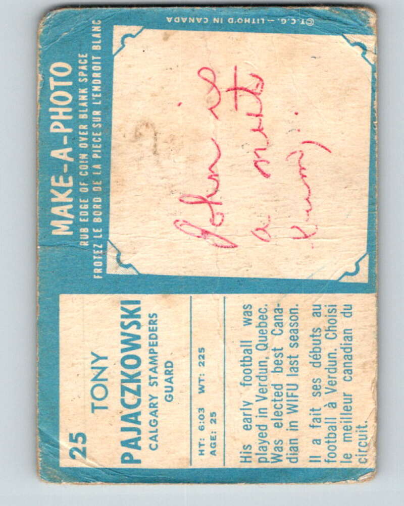 1961 Topps CFL Football #25 Tony Pajaczkowski, Calgary Stampeders V32701