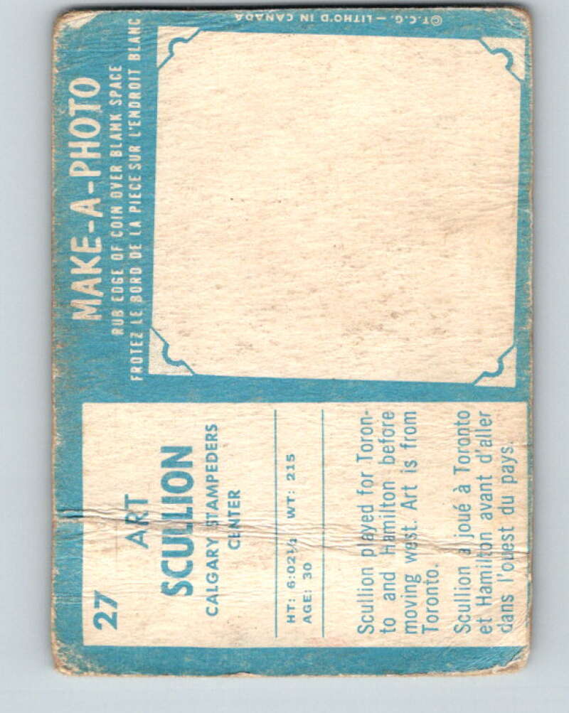 1961 Topps CFL Football #27 Art Scullion, Calgary Stampeders V32702