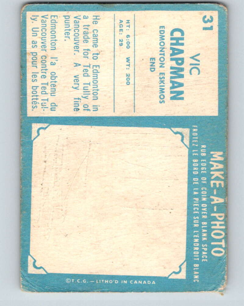 1961 Topps CFL Football #31 Vic Chapman, Edmonton Eskimos V32704