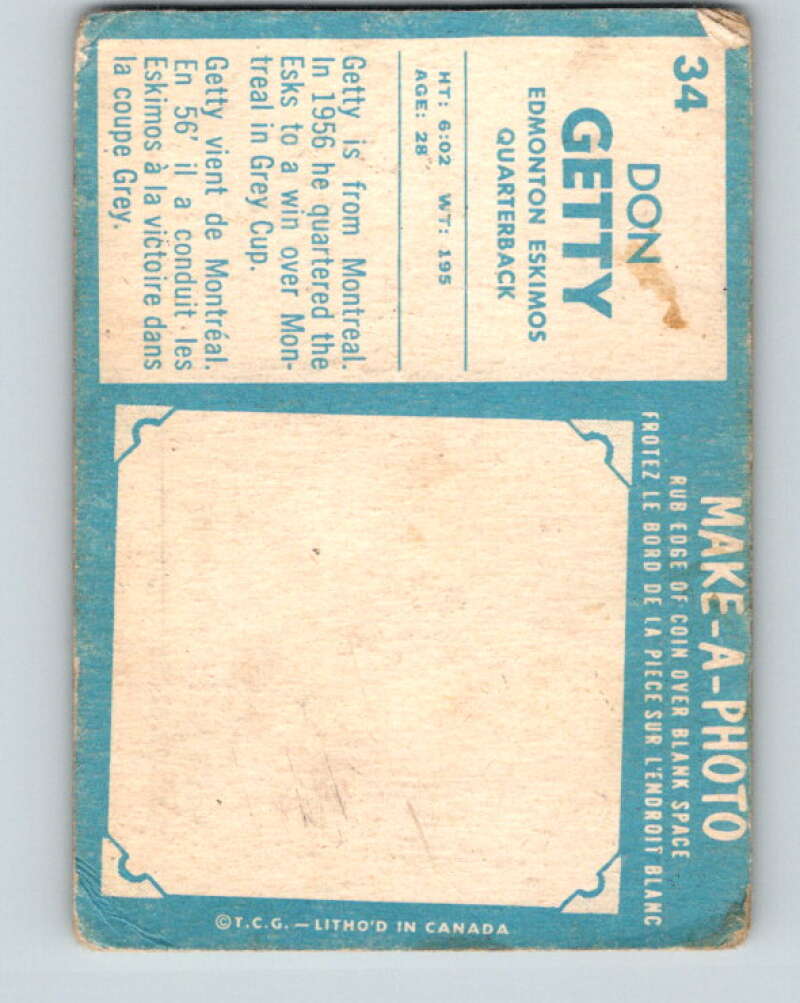 1961 Topps CFL Football #34 Don Getty, Edmonton Eskimos V32705