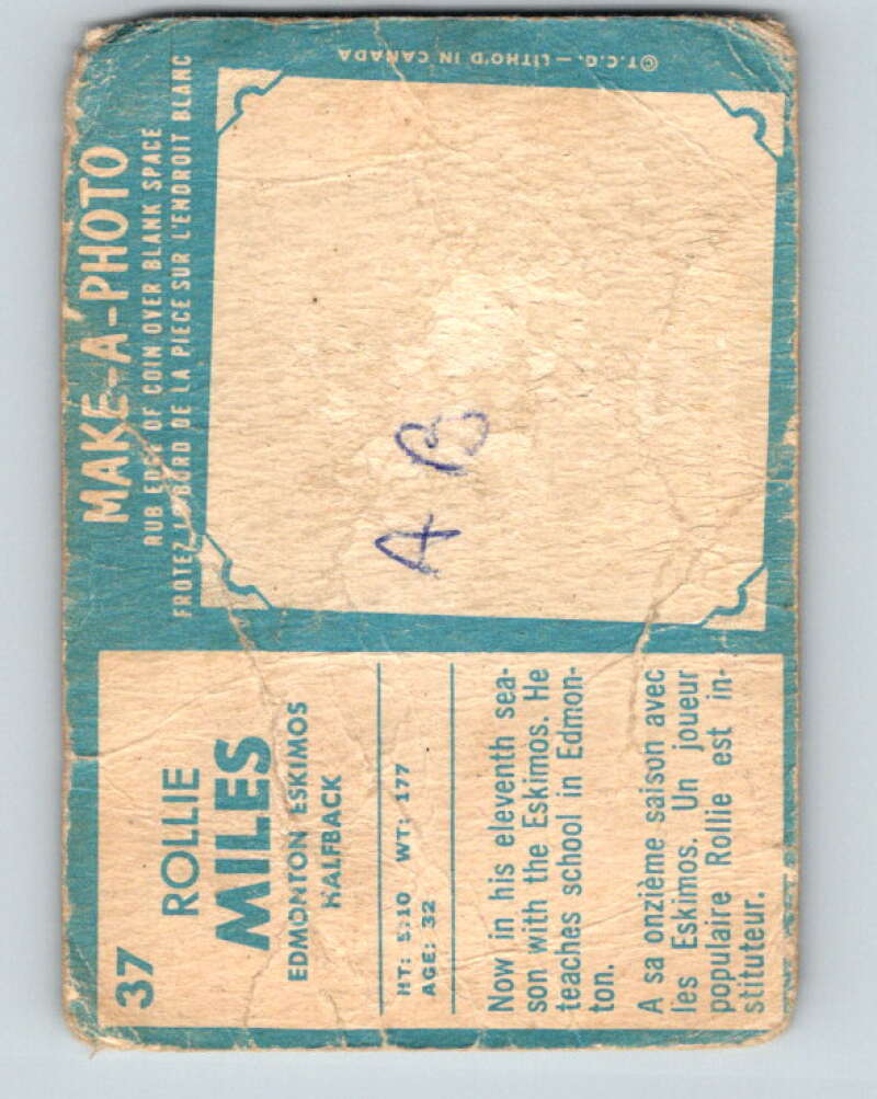 1961 Topps CFL Football #37 Rollie Miles, Edmonton Eskimos V32706