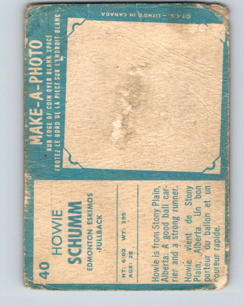 1961 Topps CFL Football #40 Howie Schumm, Edmonton Eskimos V32707