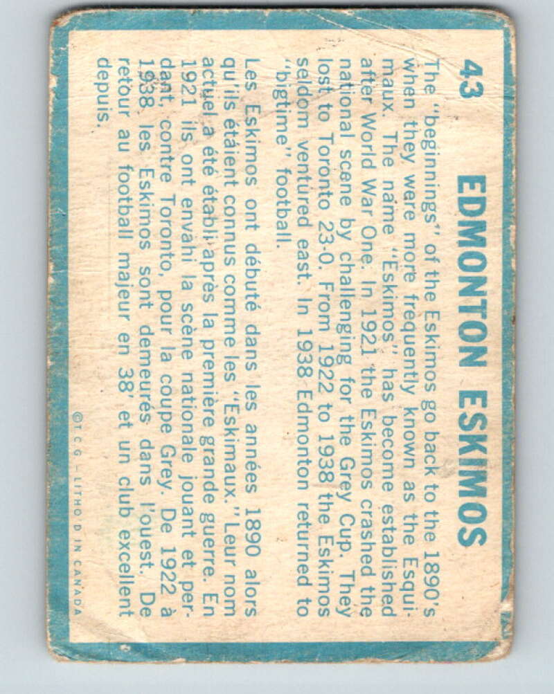 1961 Topps CFL Football #43 Edmonton Eskimos V32708