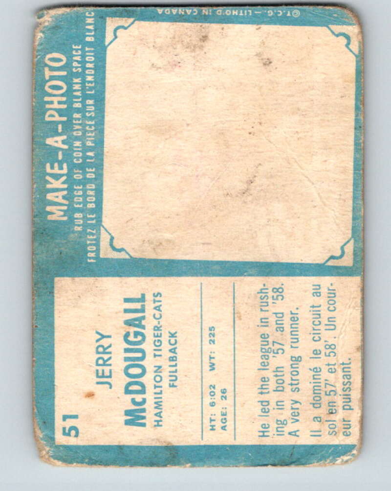 1961 Topps CFL Football #51 Jerry McDougall, Hamilton Tiger-cats V32709