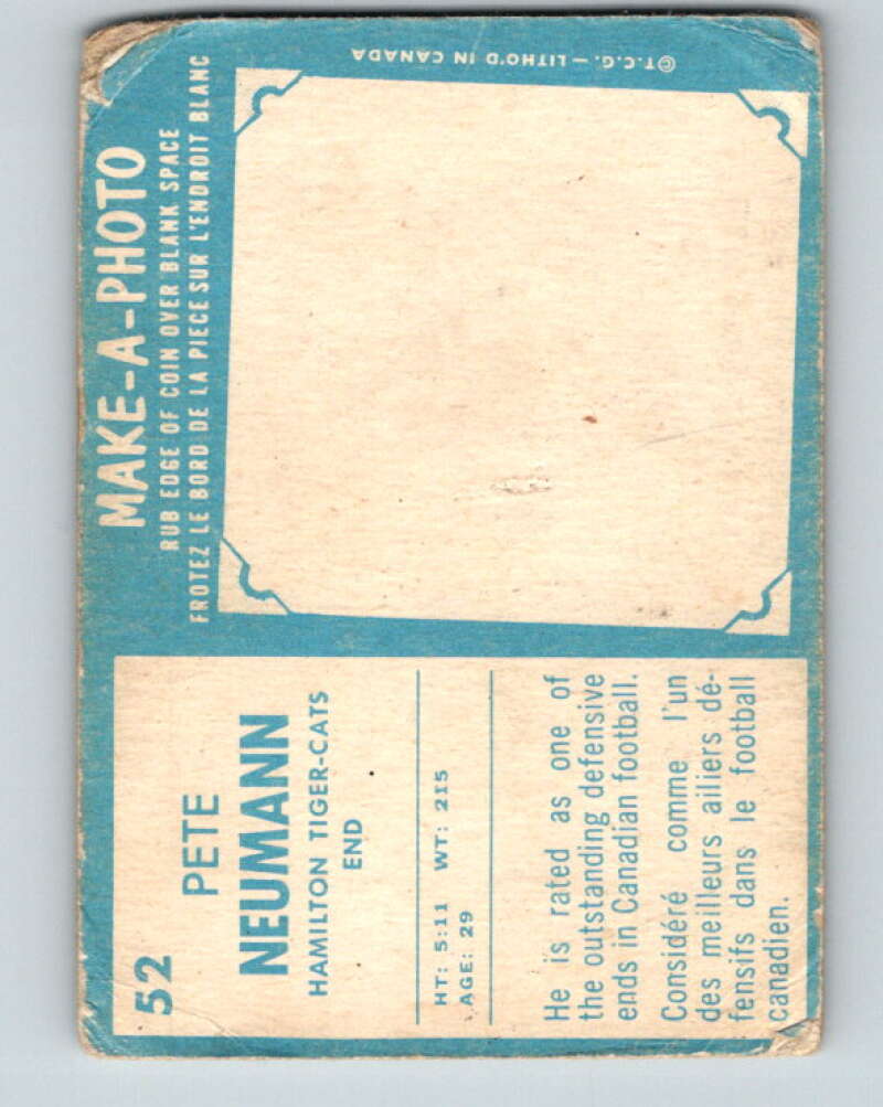 1961 Topps CFL Football #52 Pete Neumann, Hamilton Tiger-cats V32710