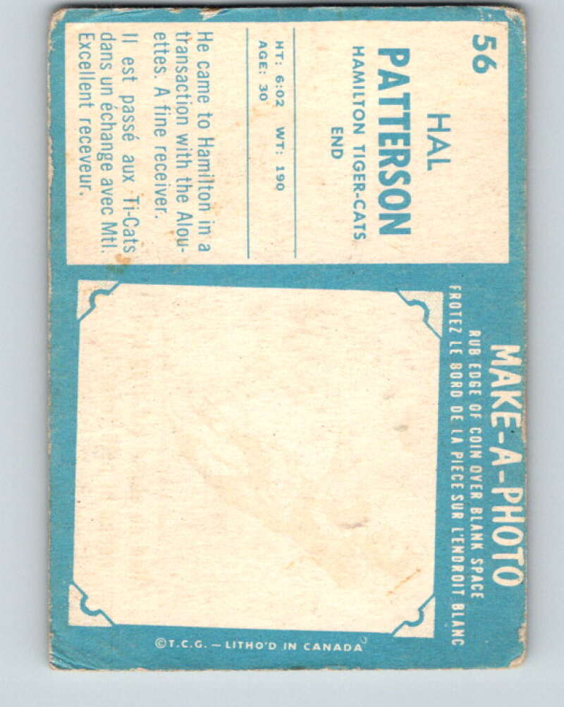 1961 Topps CFL Football #56 Hal Patterson, Hamilton Tiger-cats V32711