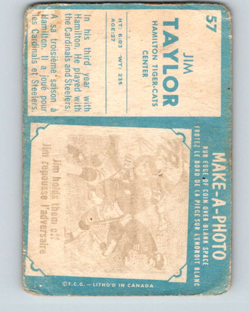 1961 Topps CFL Football #57 Jim Taylor, Hamilton Tiger-cats V32712