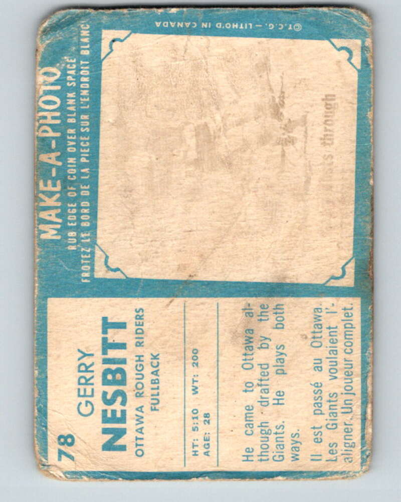 1961 Topps CFL Football #78 Gerry Nesbitt, Ottawa Rough Riders V32713