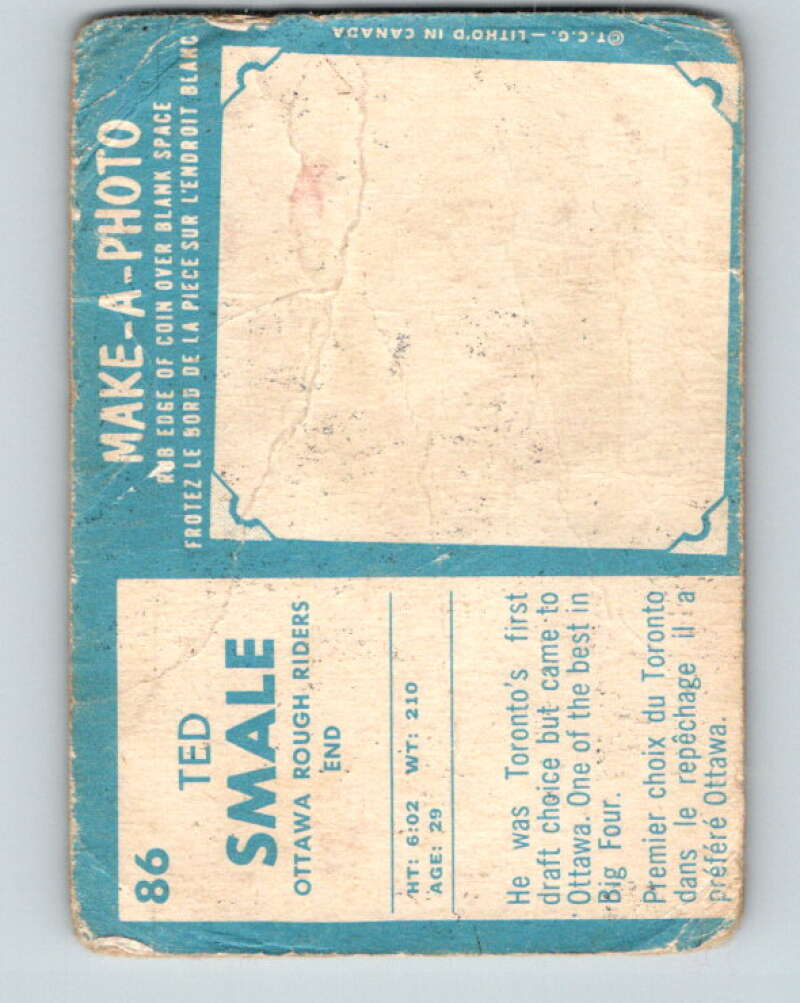 1961 Topps CFL Football #86 Ted Smale, Ottawa Rough Riders V32715