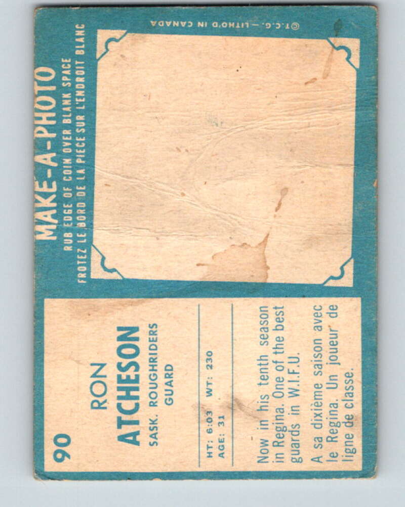 1961 Topps CFL Football #90 Ron Atcheson, Sask. Roughriders V32717