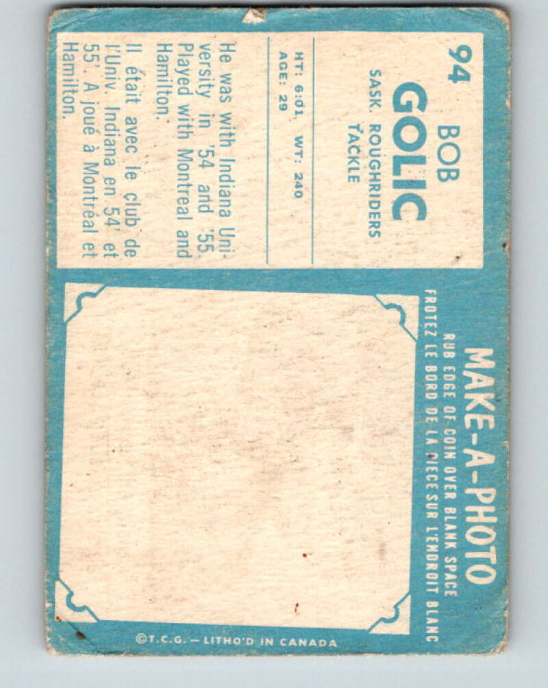 1961 Topps CFL Football #94 Bob Golic, Sask. Roughriders V32719