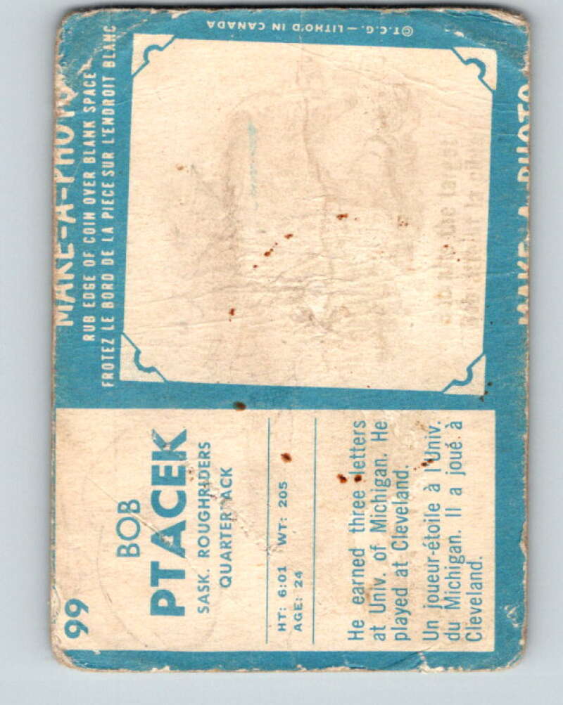 1961 Topps CFL Football #99 Bob Ptacek, Sask. Roughriders V32720