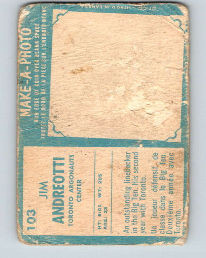 1961 Topps CFL Football #103 Jim Andreotti, Toronto Argonauts V32721