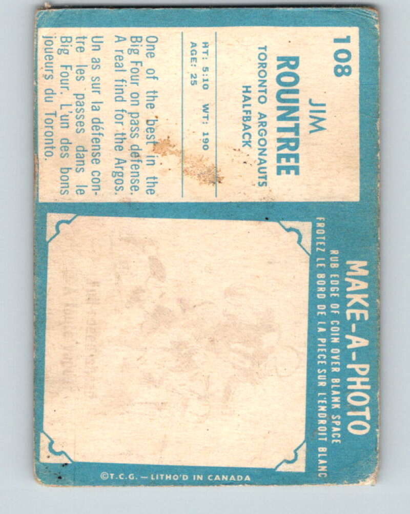 1961 Topps CFL Football #108 Jim Rountree, Toronto Argonauts V32722