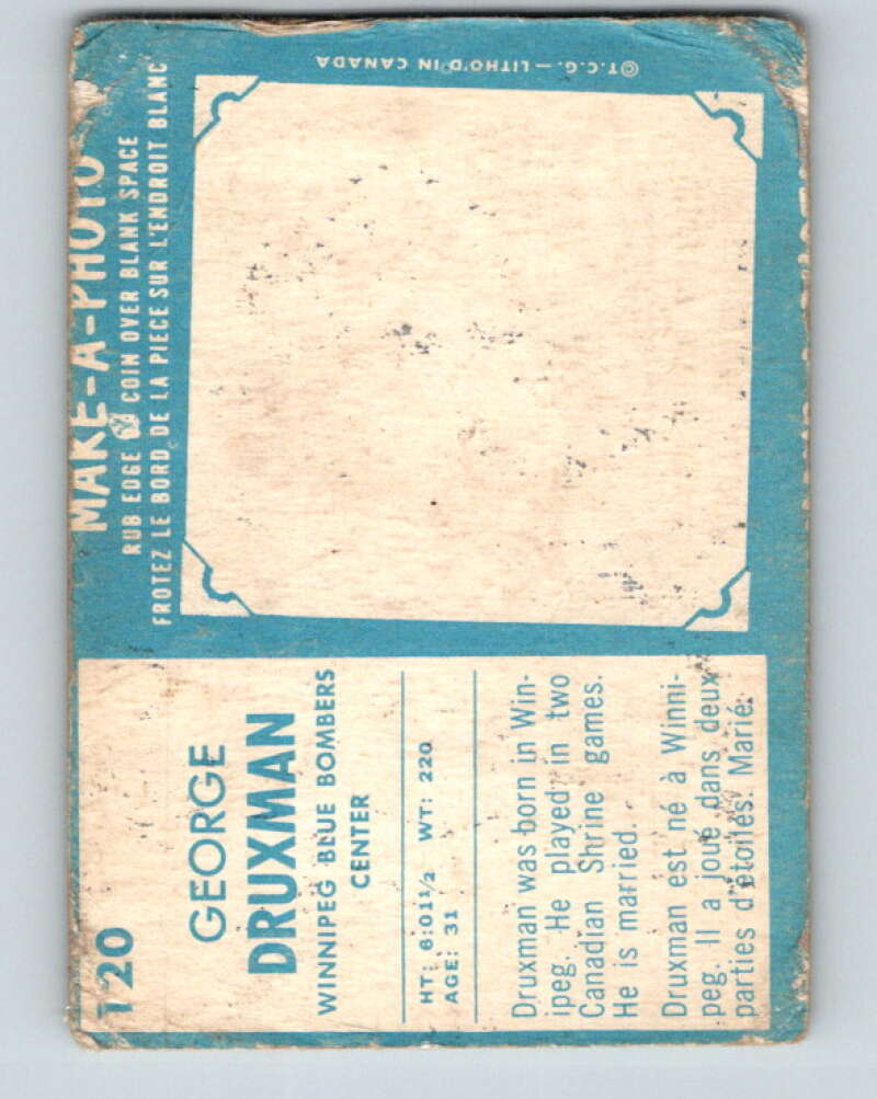 1961 Topps CFL Football #120 George Druxman, Winnipeg Blue Bombers V32725