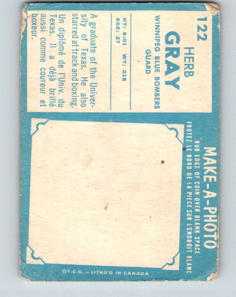 1961 Topps CFL Football #122 Herb Gray, Winipeg Blue Bombers V32726
