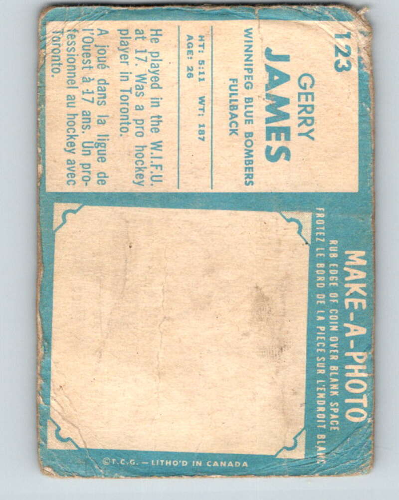1961 Topps CFL Football #123 Gerry James, Winnipeg Blue Bombers V32727