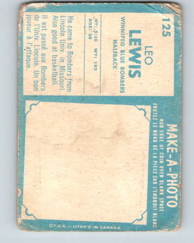 1961 Topps CFL Football #125 Leo Lewis, Winnipeg Blue Bombers V32728