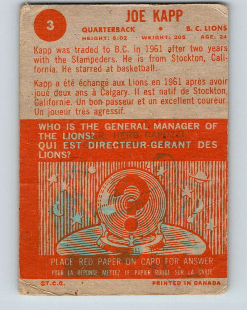 1963 Topps CFL Football #3 Joe Kapp, B.C. Lions  V32729