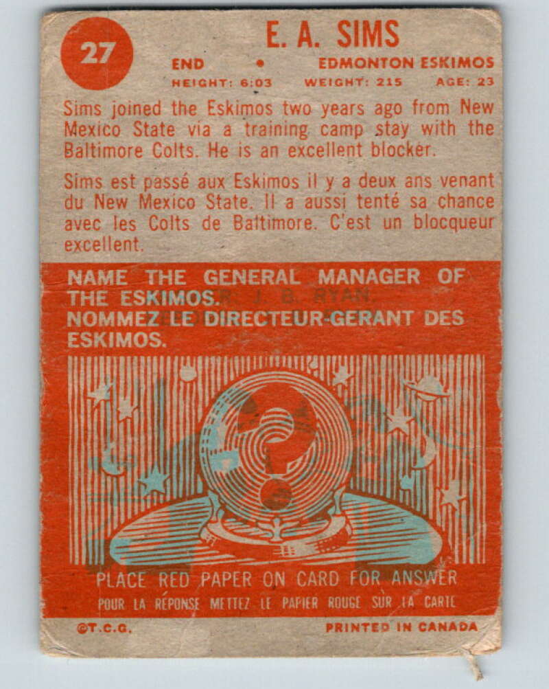 1963 Topps CFL Football #27 E.A. Sims, Edmonton Eskimos V32732