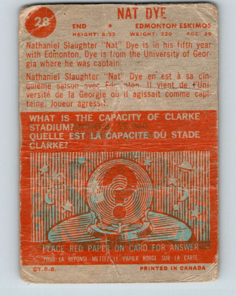 1963 Topps CFL Football #28 Nat Dye, Edmonton Eskimos V32733