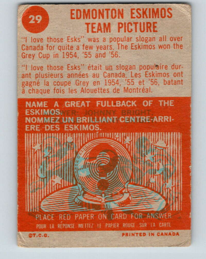1963 Topps CFL Football #29 Edmonton Eskimos Team Picture V32734