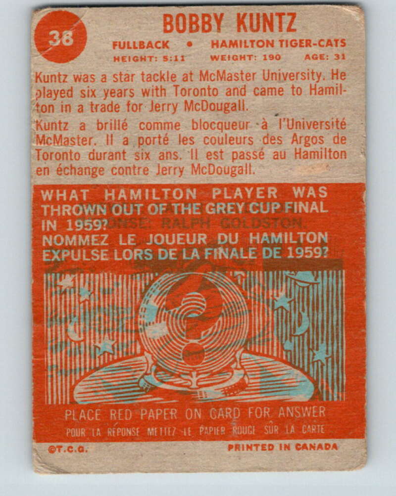 1963 Topps CFL Football #38 Bobby Kuntz, Hamilton Tiger-cats V32736