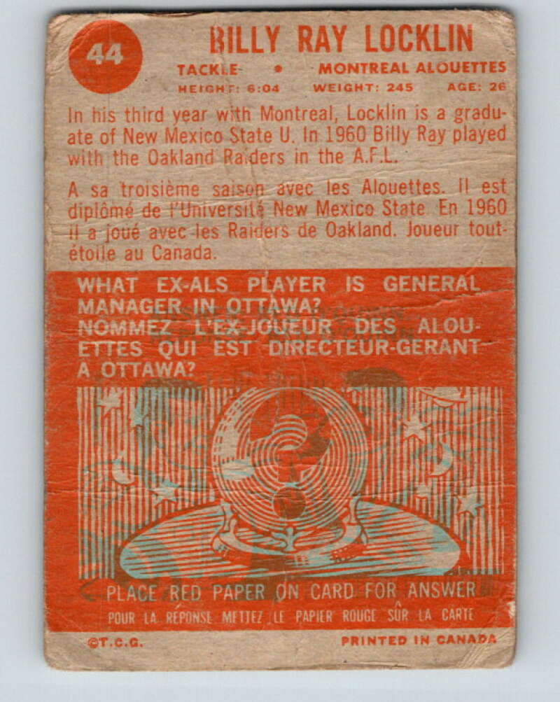 1963 Topps CFL Football #44 Billy Ray Locklin, Montreal Alouettes V32737