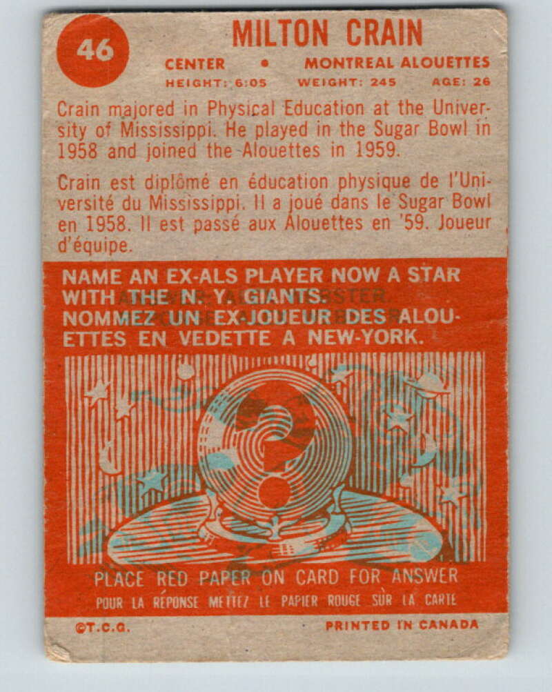 1963 Topps CFL Football #46 Miton Crain, Montreal Alouettes V32738