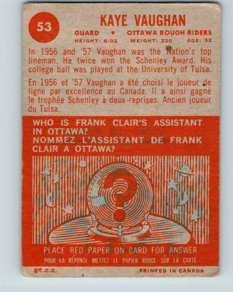 1963 Topps CFL Football #53 Kaye Vaughan, Ottawa Rough Riders V32739