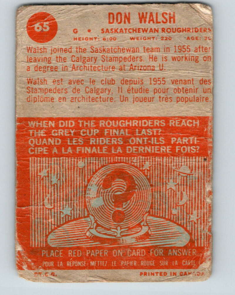 1963 Topps CFL Football #65 Don Walsh, Sask. Roughriders V32740