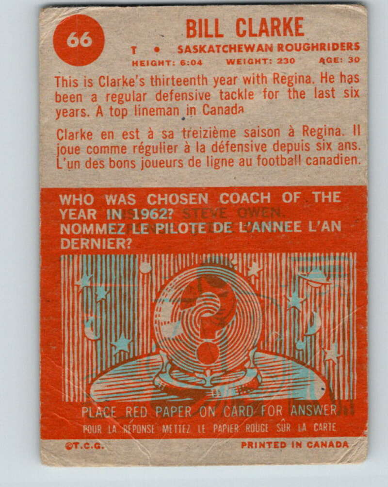 1963 Topps CFL Football #66 Bill Clarke, Sask. Roughriders V32741
