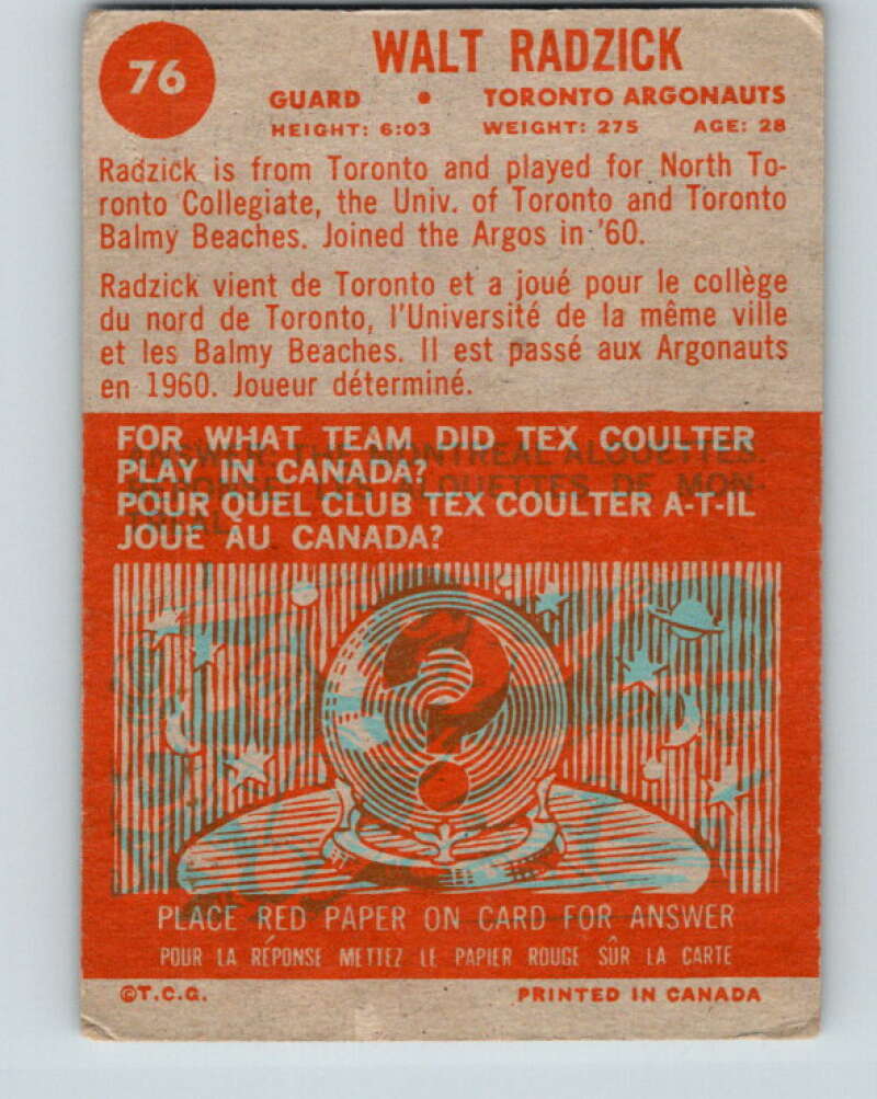 1963 Topps CFL Football #76 Walt Radzick, Toronto Argonauts V32745