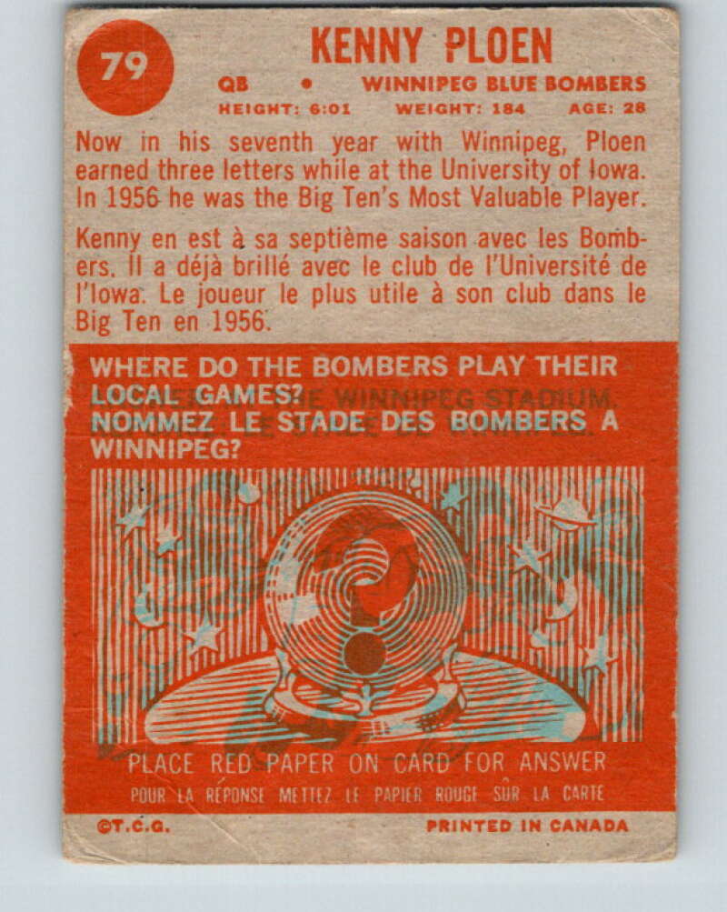 1963 Topps CFL Football #79 Kenny Ploen, Winnipeg Blue Bombers V32747