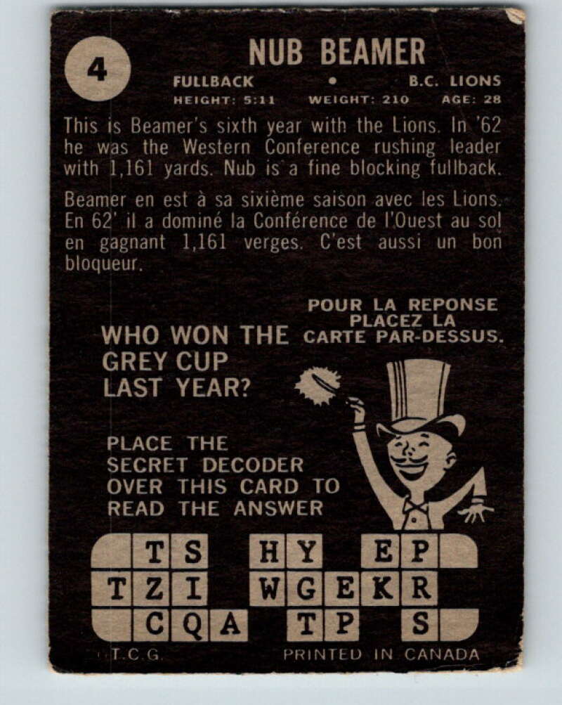 1964 Topps CFL Football #4 Nub Beamer, B.C. Lions V32750
