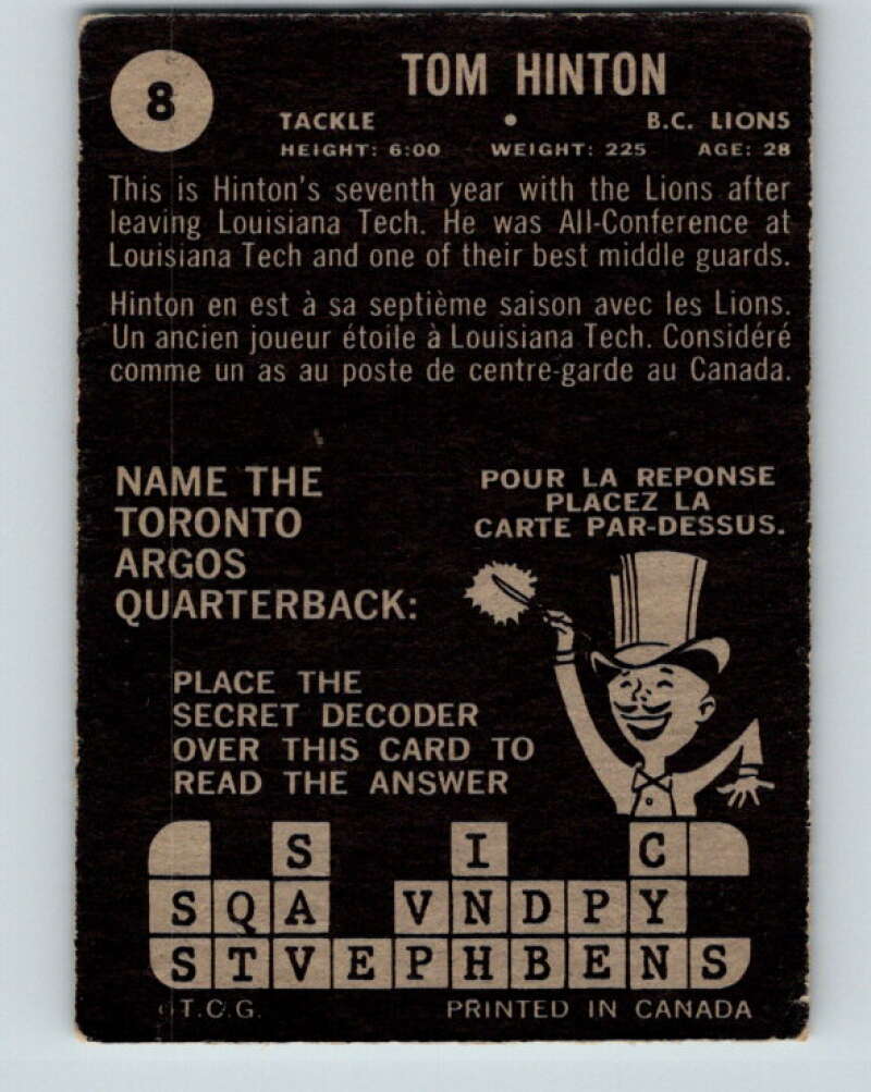 1964 Topps CFL Football #8 Tom Hinton, B.C.Lions V32752