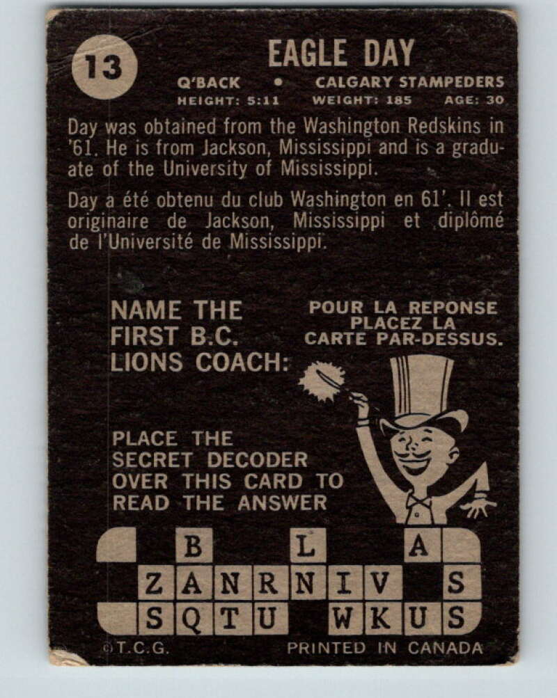 1964 Topps CFL Football #13 Eagle Day, Calgary Stampedes V32754