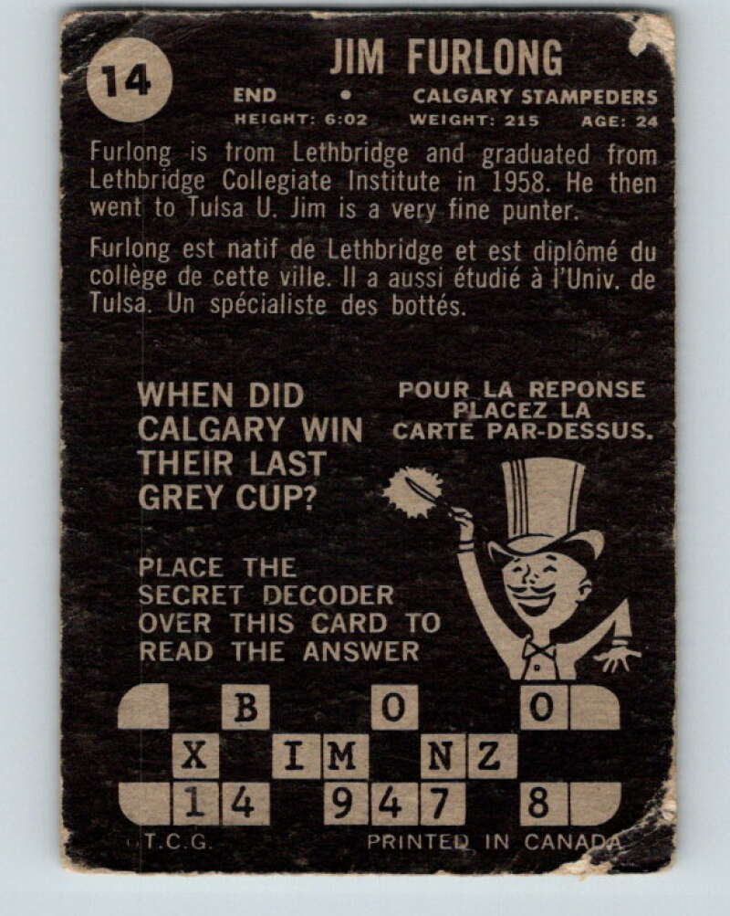 1964 Topps CFL Football #14 Jim Furlong, Calgary Stampedes V32755