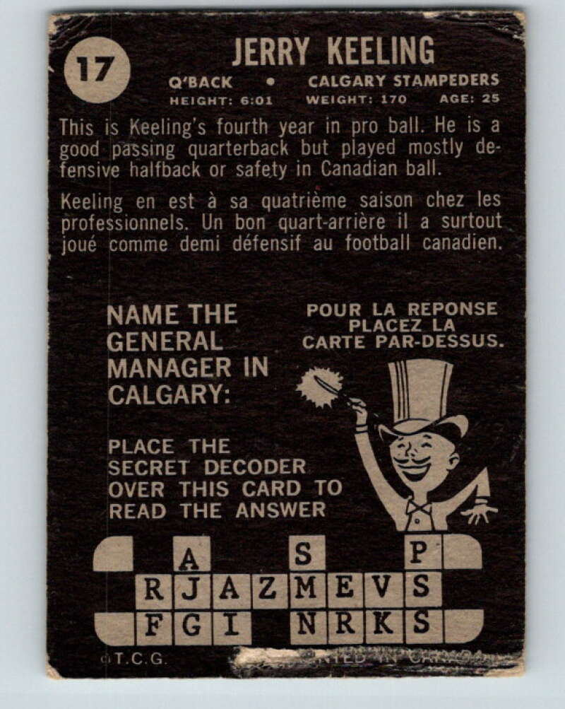 1964 Topps CFL Football #17Jerry Keeling, Calgary Stampeders V32757