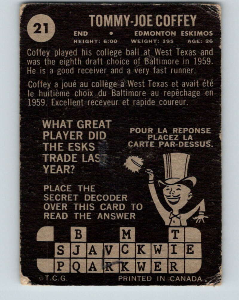 1964 Topps CFL Football #21 Tommy-Joe Coffey, Edmonton Eskimos V32759